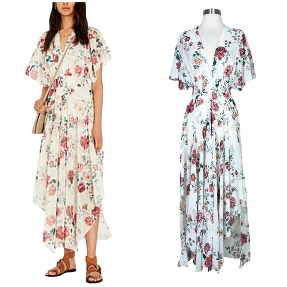 Maje | Rachelle Floral Flowy Romantic Asymmetric Boho V Neck Designer Maxi Dress - Picture 1 of 14
